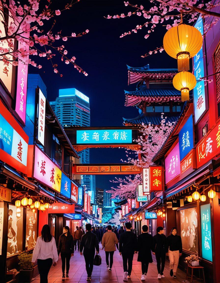 A colorful collage depicting the vibrant spectrum of Asian adult entertainment, featuring iconic elements such as traditional motifs, modern neon-lit cityscapes, and diverse representations of performers. Incorporate visual symbols like cherry blossoms, lanterns, and digital screens to signify trends and cultural nuances. The scene should evoke a sense of curiosity and exploration, blending tradition with contemporary influences. super-realistic. vibrant colors. dynamic layout.