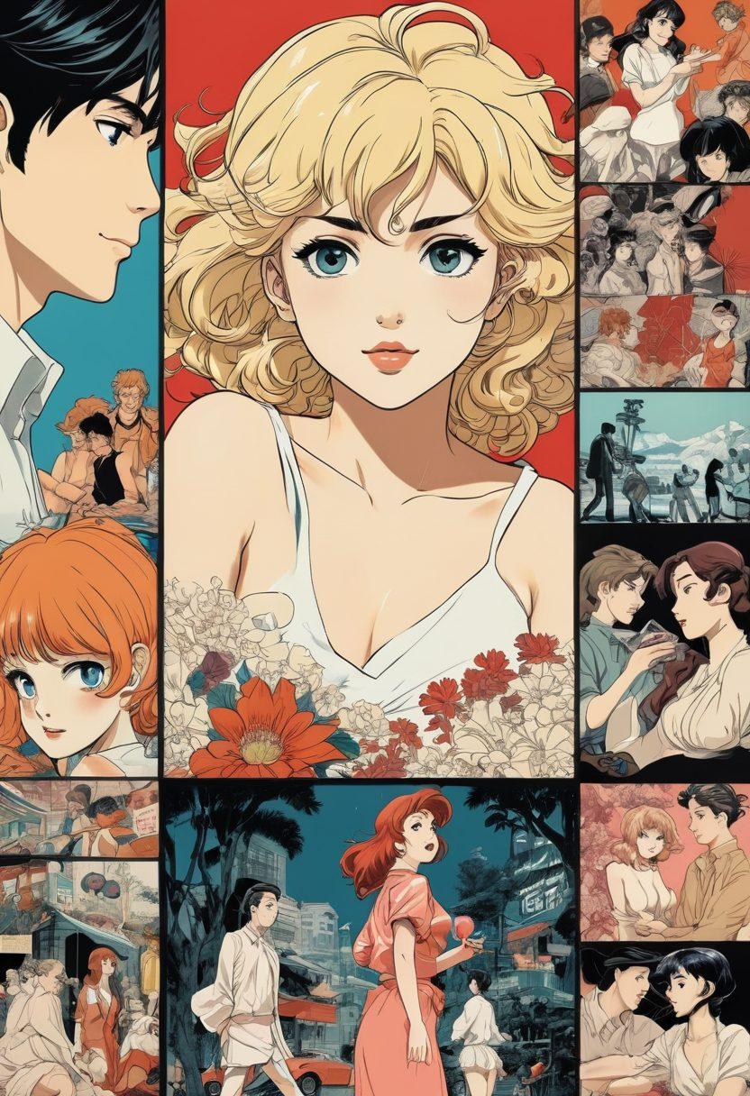 A dynamic collage depicting the progression of adult animation, featuring a vintage-style hentai manga page blending into modern adult anime scenes. Include iconic characters and scenes from different eras, with a contrasting color palette that showcases evolution—muted tones for the past and vibrant colors for the present. The design should feel both nostalgic and contemporary, capturing the spirit of innovation in this genre. cinematic style. vibrant colors. movie poster.